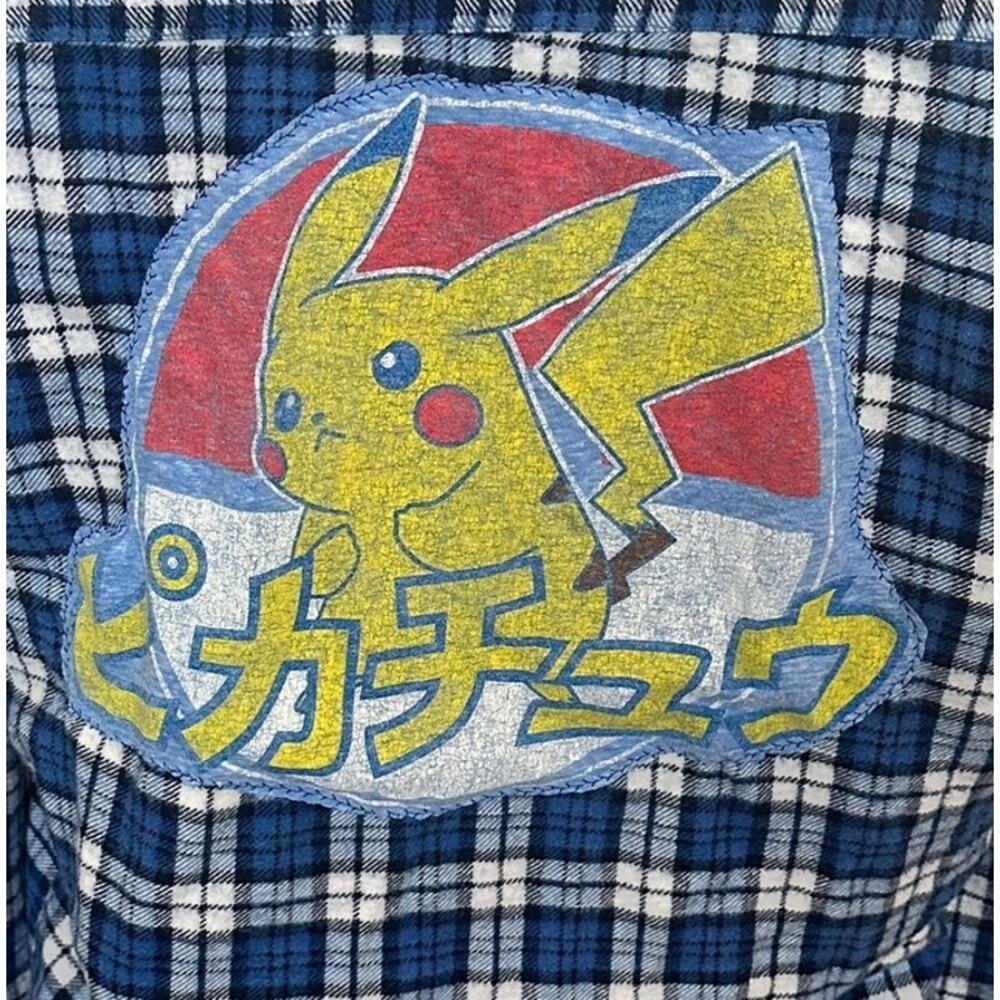 Pokemon Flannel Plaid Shirt MEDIUM Oversized One of Kind Upcycled Pikachu Unique - Picture 2 of 6